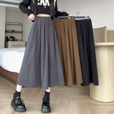 批发实拍秋冬季灯芯绒百褶裙胖MM减龄A字裙设计感半身裙中长裙纯色