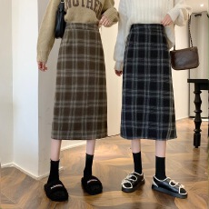 批发实拍~大码胖MM冬季韩版加厚毛呢高腰长裙chi格子中长半身裙女