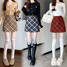 批发实拍大码秋<b class='q'>冬</b>韩版毛呢复古高腰chic保暖斜格包臀A字半身裙