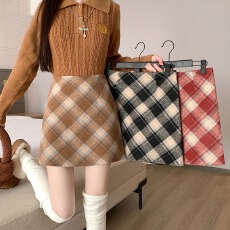 批发实拍~大码胖MM秋冬韩版毛呢复古高腰chic保暖斜格包臀A字半身裙