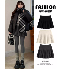 批发灰色毛呢百褶裙女秋冬新款高腰a字半身裙jk梨形伯克利短裙子