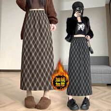 批发实拍大码胖MM<b class='q'>秋</b>冬复古格子加绒加厚直筒裙高腰显瘦半身裙韩版百搭