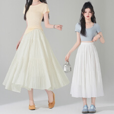 批发实拍<b class='q'>大码</b>半身裙女雨雾藤紫色高腰a字裙蛋糕裙温柔风大摆中长裙子