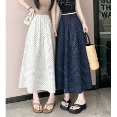 批发大码胖MM梨形温柔波点半身裙女夏季高腰纯色遮肚显瘦A字中长裙