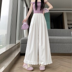 批发实拍胖MM春夏早秋高腰<b class='q'>显瘦</b>宽松百搭纯色木耳边阔腿<b class='q'>裤</b>裙垂感休闲<b class='q'>裤</b>