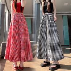 批发实拍大码格子花苞裙裤女高腰宽松显瘦垂感灯笼裤休闲阔腿裤