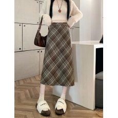 批发实拍大码胖MM冬季韩版毛呢高腰<b class='q'>长裙</b>chi格子中长<b class='q'>半身裙</b>女