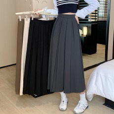 批发实拍早秋百褶裙胖MM减龄A字裙别致设计感<b class='q'>半身</b>裙夏季中长裙纯色