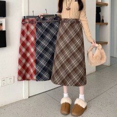 批发大码MM<b class='q'>秋</b>冬季韩版毛呢送皮带高腰长裙chi格子中长半身裙女有内衬