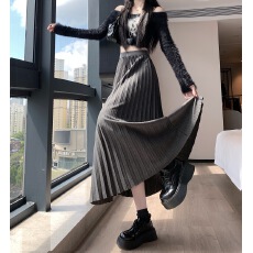 批发实拍大码胖MM韩版秋冬松紧高腰纯色百褶裙显瘦垂感百搭a字中长裙