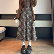 批发大码胖MM冬季韩版毛呢高腰长裙chi格子中长半身裙女