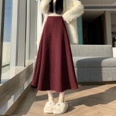 批发实拍<b class='q'>秋</b>冬韩版复古葡萄 红四色高腰毛呢chic圆点中长伞裙半身裙