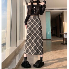 批发大码MM<b class='q'>秋</b>冬季韩版复古格子毛呢加厚高腰chi格子中长直筒半身裙女