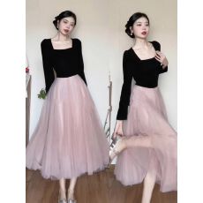 批发【月夜芭蕾】拼接赫本风芭蕾针织<b class='q'>连衣裙</b>女秋季修身显瘦纱裙