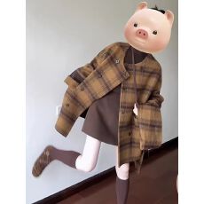 批发~精灵魔方~复古格子毛呢大衣女配围脖中长款外套