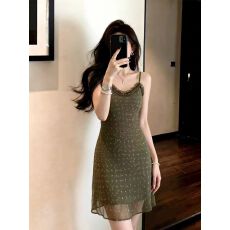 批发法式复古波点<b class='q'>双层</b>蕾丝花边<b class='q'>背心</b>连衣裙子女无袖吊带A字中长裙