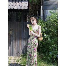 批发【莫奈紫<b class='q'>园</b>】法式复古印花连衣裙收腰显瘦度假风长裙