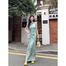 批发鸢尾花弹力针织印花<b class='q'>连衣裙</b>夏季新款新中式收腰<b class='q'>无袖</b>中长裙女