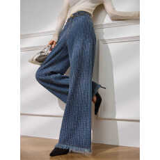 批发小香风水洗蓝高腰直筒牛仔裤子女秋季新款流苏肌理感气质阔腿长裤