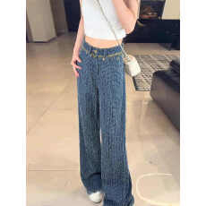 批发独特超好看格纹牛仔裤女秋款2025新款高腰宽松显瘦毛边直筒阔腿裤