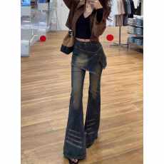 批发美式辣妹假两件微喇牛仔裤女2025秋季新款高腰弹力显瘦拖地马蹄裤