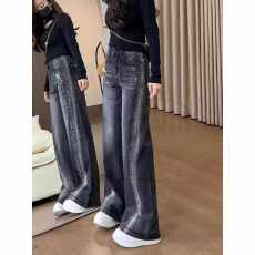 批发设计感高街辣妹烫钻阔腿牛仔裤女秋季2025新款高腰显瘦垂感弯刀裤