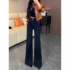 批发深蓝色高腰阔腿微喇牛仔裤女2025年<b class='q'>秋</b>季新款复古不贴腿喇叭拖地裤