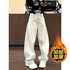 批发美式白色加绒牛仔裤女冬季2025新款<b class='q'>大码</b>胖mm高腰宽松弯刀阔腿裤子