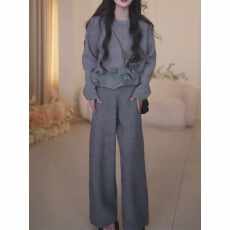 极简风荷叶边针织套装女秋冬休闲毛衣阔腿裤气质百搭时尚两件套