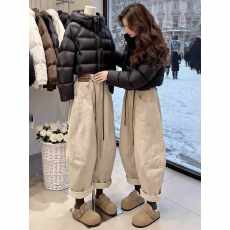 批发卡其色加绒九分哈伦老爹牛仔裤女冬季2026年新款<b class='q'>大码</b>小个子萝卜裤