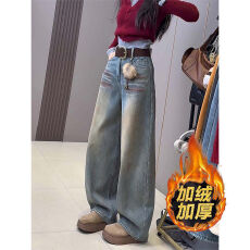 批发设计感水洗弯刀牛仔裤女款<b class='q'>秋</b>冬加绒2026新款大码胖mm不贴腿阔腿裤