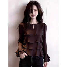 批发<b class='q'>喇叭袖</b>木耳边拼接设计感棕咖色上衣春季女装2026新款圆领小众长袖