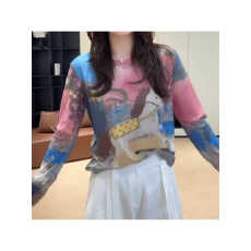 批发高级感时尚显瘦复古印花透气打底印花长袖<b class='q'>T</b><b class='q'>恤</b>上衣薄款防晒衣罩衫