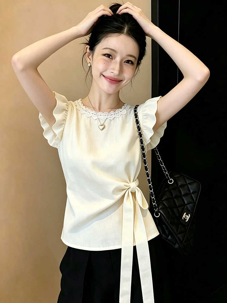 法式小飞袖蕾丝领结收腰衬衫女显瘦气质超好看时尚别致上衣 服裝批發女裝批發服飾貨源