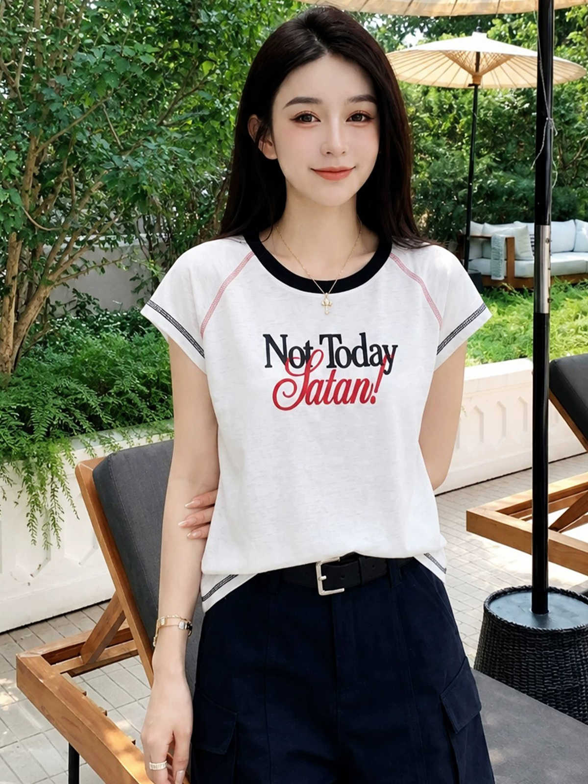 夏季设计感刺绣字母圆领短袖T恤女装新款超好看宽松透气上衣 服裝批發女裝批發服飾貨源
