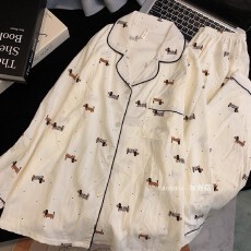 批发ins网红风腊肠狗<b class='q'>纯棉</b>纱布睡衣女款春秋季长袖薄款宽松<b class='q'>家居服</b>套装