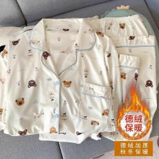 批发德绒保暖<b class='q'>睡衣</b>女秋冬季新款开衫纯色爱心海岛绒加厚冬天家居服套装