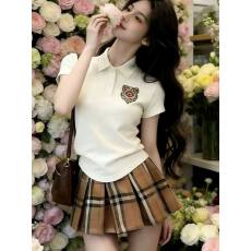 批发2026夏季学院风Polo领短袖修身收腰上衣+高腰<b class='q'>格子</b>百褶裙<b class='q'>套装</b>