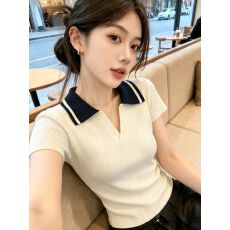 批发韩系Polo领撞色冰丝短袖<b class='q'>针织衫</b>女2026夏季新款修身显瘦洋气短上衣