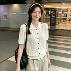 批发夏季女士薄款翻领短袖t恤<b class='q'>女款</b>2026新款冰丝开衫针织宽松显瘦上衣