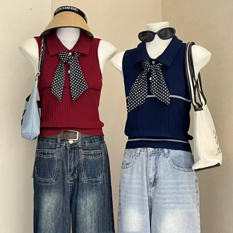 FA33467# 夏季新款针织无袖背心POLO领冰丝上衣女洋气飘带撞色 服裝批發女裝批發服飾貨源