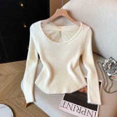 批发实拍2025冬季新款打底针织衫<b class='q'>网纱</b>拼接蝴蝶结镂空上衣甜美内搭