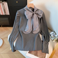 批发实拍2025冬季新款打底针织衫<b class='q'>欧根纱</b>拼接飘带设计感内搭毛衣