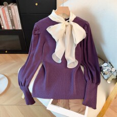 批发实拍2025冬季新款打底针织衫<b class='q'>欧根纱</b>飘带拼接设计感内搭毛衣