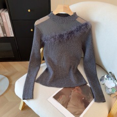 实拍2025冬季新款打底针织衫网纱拼接镂空内搭毛衣毛毛斜拼上衣