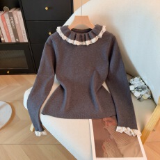批发<b class='q'>实拍</b>2025冬季新款打底厚款针织衫蕾丝花边拼接半高领内搭毛衣