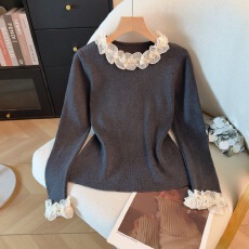 批发<b class='q'>实拍</b>2025冬季新款打底针织衫圆领花边钉珠珠内搭毛衣厚款套头上衣