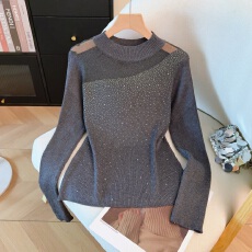 批发实拍2025冬季新款打底针织<b class='q'>衫</b>网纱拼接<b class='q'>镂空</b>内搭毛衣高温烫钻上衣