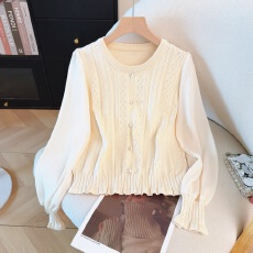实拍2026春季新款圆领雪纺袖拼接针织衫镂空上衣木耳边松紧下摆