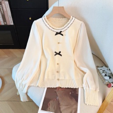 批发实拍2026春季新款<b class='q'>雪纺</b>拼接针织衫花边圆领<b class='q'>上衣</b>百搭蝴蝶结修身小衫